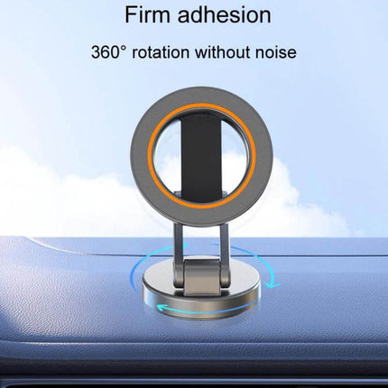 Universal Foldable Car Phone Holder For Safe Driving Rotating Magnetic on dashboard showing 360° rotation, firm adhesion and compact foldable magnetic mount