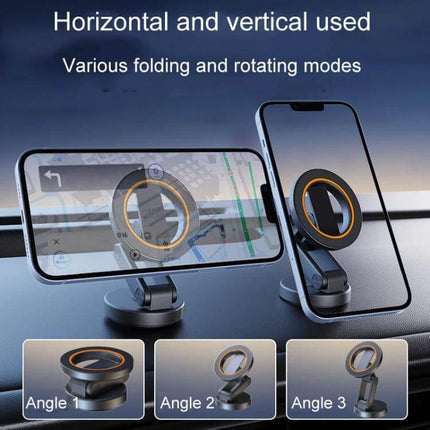Universal Foldable Car Phone Holder For Safe Driving Rotating Magnetic compact rotating magnetic mount shown in horizontal and vertical positions