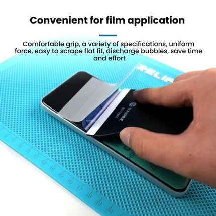 SUNSHINE Hydrogel Film Screen Scraper Card for Mobile Devices being used to apply a hydrogel screen protector smoothly and remove bubbles from a smartphone screen