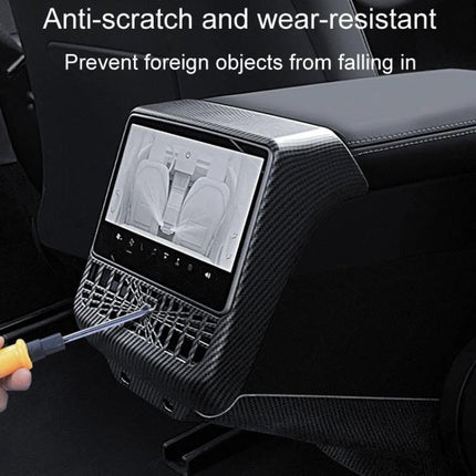 Rear Air Vent Protection Frame Matte Carbon Pattern fitted on Tesla Model 3/Y rear console shielding vents from dust and scratches