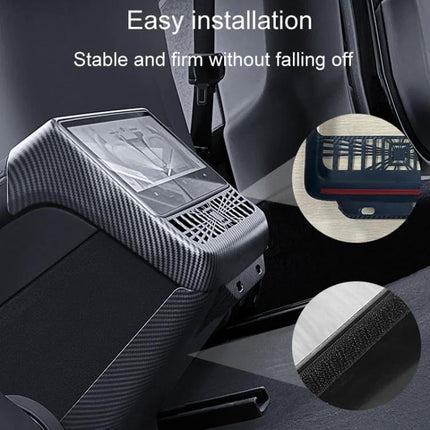 Rear Air Vent Protection Frame Matte Carbon Pattern installed on Tesla Model 3/Model Y rear console, matte carbon ABS shield protecting vent openings