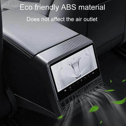 Rear Air Vent Protection Frame Matte Carbon Pattern installed on rear center console of Tesla Model 3/Y, matte carbon ABS shield protecting vents and preserving airflow