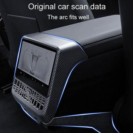 Rear Air Vent Protection Frame Matte Carbon Pattern fitted on Tesla Model 3/Model Y rear console showing matte carbon finish and precise arc-fit