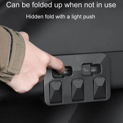 Hidden Trunk Hook for Tesla Model Y Foldable Car Organizer installed in trunk panel showing foldable hook being pushed flat