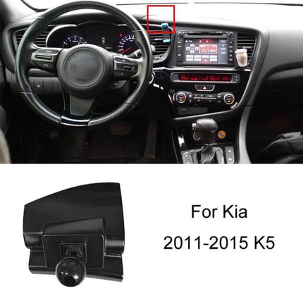 Dashboard Car Phone Holder for Left-Hand Drive Models mounted on Kia K5 dashboard near air vent, plastic snap-on GPS and hands-free phone mount