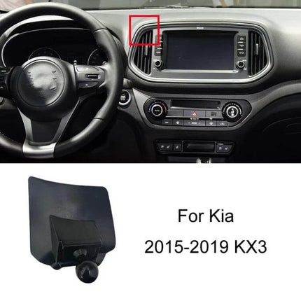 Dashboard Car Phone Holder for Left-Hand Drive Models mounted near left air vent on Kia 2015-2019 KX3 dashboard, snap-on plastic GPS and hands-free mount