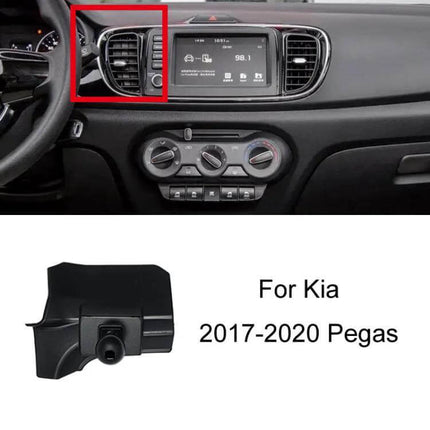 Dashboard Car Phone Holder for Left-Hand Drive Models mounted near left air vent on Kia 2017-2020 Pegas dashboard, snap-on plastic GPS and hands-free mount