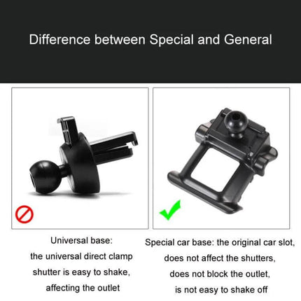 Dashboard Car Phone Holder for Left-Hand Drive Models showing special car base vs universal base, snap-on dashboard mount that won’t block outlet