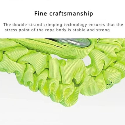 Essential Tow Rope for Roadside Emergency Assistance - bright green polyester tow rope with forged iron hook and one-piece molded webbing, close-up of fine craftsmanship