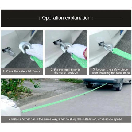Essential Tow Rope for Roadside Emergency Assistance - green polyester tow rope with forged iron hook shown installed between two cars, step-by-step use