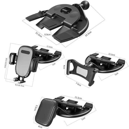 Car CD Slot Phone Holder Automatic Lock Type Black - black CD-slot car phone mount with automatic lock, silicone pads, fits 4.7-7.1 inch phones, three mounting styles
