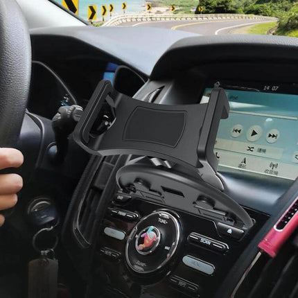 Car CD Slot Phone Holder Automatic Lock Type Black mounted in dashboard CD slot holding smartphone with silicone pad and three mounting styles