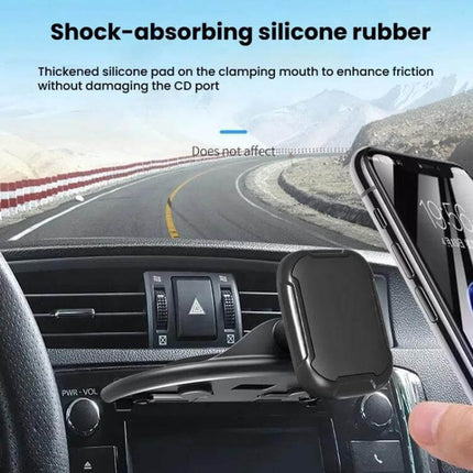 Car CD Slot Phone Holder Automatic Lock Type Black showing shock-absorbing silicone pad and secure CD-slot mount for 4.7–7.1 inch phones