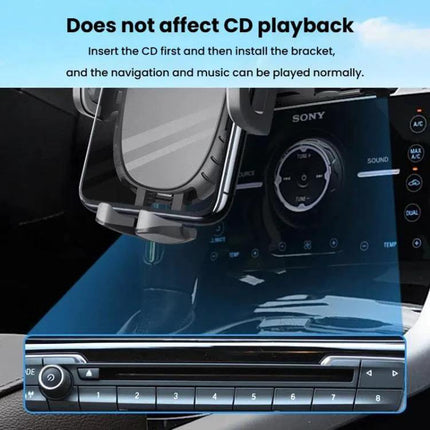 Car CD Slot Phone Holder Automatic Lock Type Black mounted in CD slot showing phone secured without blocking playback or vents