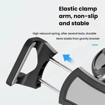 Car CD Slot Phone Holder Automatic Lock Type Black showing elastic clamp arm and high-rebound spring, non-slip silicone pad and secure CD-slot installation