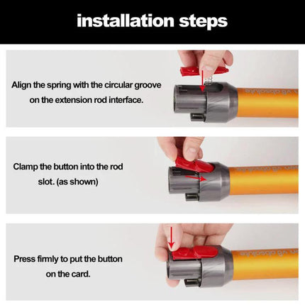 Dyson Vacuum Replacement Switch Button with Long Design and Box installed on extension rod, hands aligning and pressing red button during tool-free installation