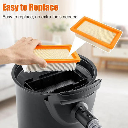 Reusable Cartridge Filter for Karcher Vacuum Cleaners being removed and replaced in a Karcher AD3 vacuum showing washable orange-framed cartridge