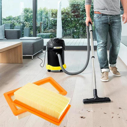 Reusable Cartridge Filter for Karcher Vacuum Cleaners in living room with Karcher vacuum and washable orange-framed filter