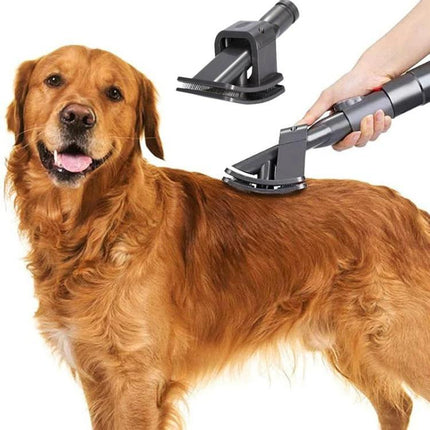 Grooming Pet Hair Brush for Dyson V6, V7, and V8 Vacuums being used to vacuum loose hair from a golden retriever with ergonomic handle