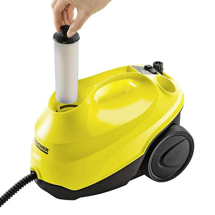 Water Softening Filter for Karcher SC2 and SC3 Steam Cleaners shown being installed in yellow Karcher steam cleaner to reduce limescale
