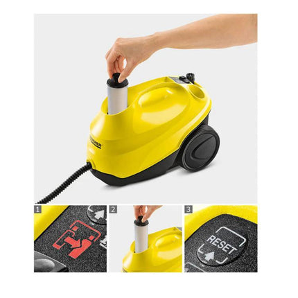 Water Softening Filter for Karcher SC2 and SC3 Steam Cleaners installed in yellow Karcher steam cleaner being inserted to reduce limescale