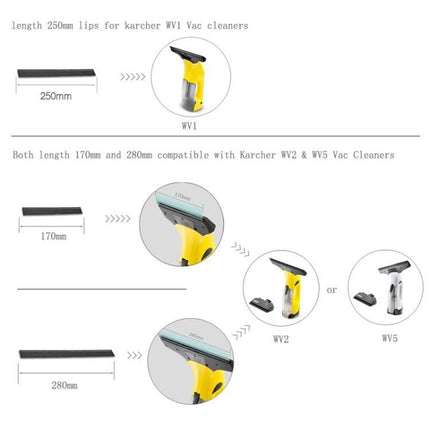 Soft Rubber Scraper Accessory for Karcher Window Cleaners showing 250mm, 170mm, 280mm replacement squeegee blades for WV1, WV2, WV5 models