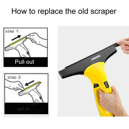 Soft Rubber Scraper Accessory for Karcher Window Cleaners showing replacement steps and hand removing old scraper