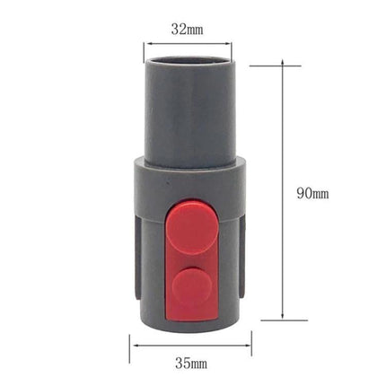 Adaptor for Connecting Dyson V7 and V8 Vacuums to 32mm Hoses – grey plastic 90mm adapter with red release buttons, 32mm top, 35mm base