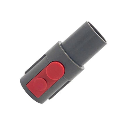 Alt Tag: Adaptor for Connecting Dyson V7 and V8 Vacuums to 32mm Hoses - grey adapter with red release buttons for home and car cleaning