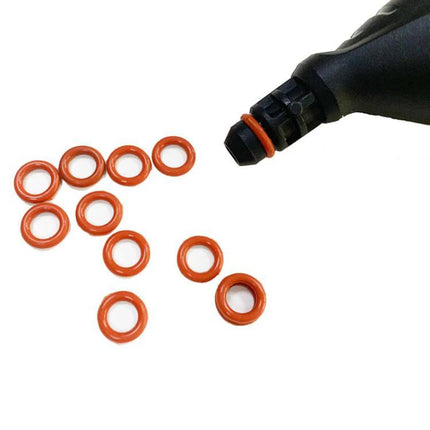 O-Ring Replacement Set for Karcher Steam Cleaners, 10 Pieces - 10 red replacement O-rings shown with Karcher steam cleaner nozzle