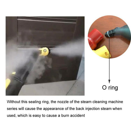 O-Ring Replacement Set for Karcher Steam Cleaners, 10 Pieces - close-up of yellow nozzle with steam and O-ring preventing leaks