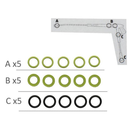 Karcher High Pressure Washer Sealing Ring Replacement Set of 15 – image showing 3 types (A B C) of nylon sealing rings, 5 of each, for fixing leaks and maintenance