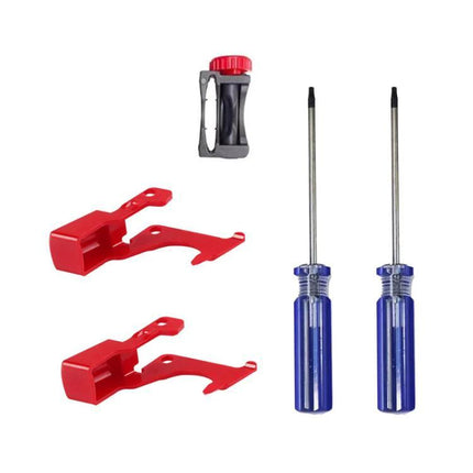 Replacement Main Switch Parts for Dyson V10 and V11 Vacuums - red switch covers with two screwdrivers and trigger tool