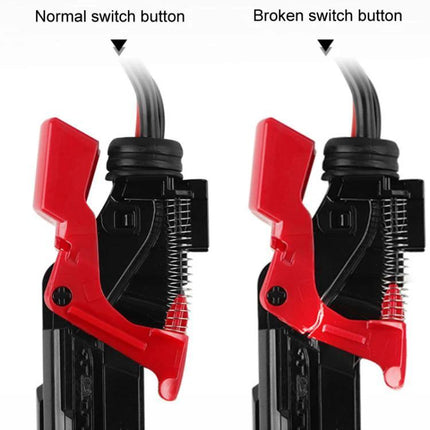 Replacement Main Switch Parts for Dyson V10 and V11 Vacuums showing normal vs broken red trigger switch for DIY repair