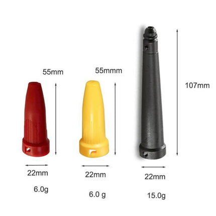 Karcher Reusable Extension Nozzle for Steam Cleaners – set of three ABS nozzles (red, yellow 55mm; black 107mm) with dimensions and weights