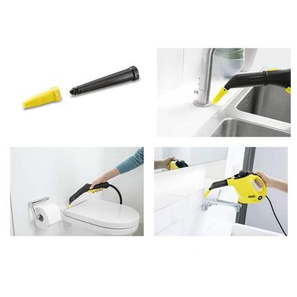 Karcher Reusable Extension Nozzle for Steam Cleaners attached to steam cleaner cleaning sink, toilet and vents