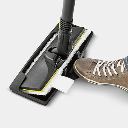 Karcher Steamer Frame Accessory for Carpet and Floor Cleaning attached to steam cleaner head cleaning carpet edge with shoe for scale