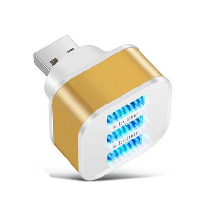 Compact 3-Port USB 2.0 Hub for Laptop Device Expansion – gold compact USB hub with three illuminated ports and indicator light