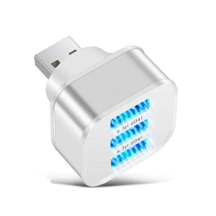 Compact 3-Port USB 2.0 Hub for Laptop Device Expansion - silver compact USB hub with three blue-lit ports and indicator light