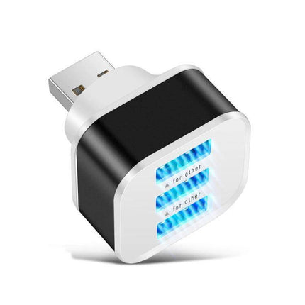 Compact 3-Port USB 2.0 Hub for Laptop Device Expansion - compact black and white USB hub with three blue-lit ports and indicator light