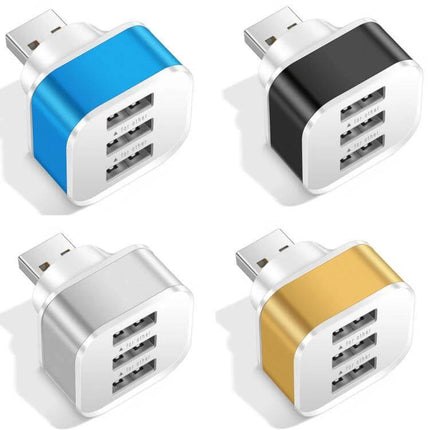 Compact 3-Port USB 2.0 Hub for Laptop Device Expansion - compact multi-color USB hub showing blue, black, silver, and gold variants with three ports and indicator light