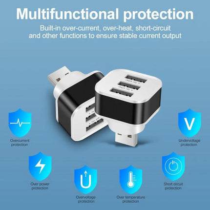 Compact 3-Port USB 2.0 Hub for Laptop Device Expansion with indicator light, compact black-and-white design showing three USB ports and protection icons