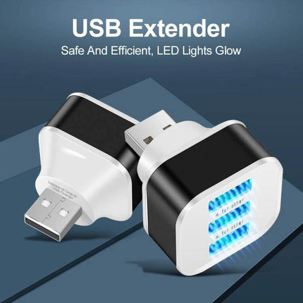 Compact 3-Port USB 2.0 Hub for Laptop Device Expansion - compact black white USB hub with three LED-lit ports for keyboard mouse and drive