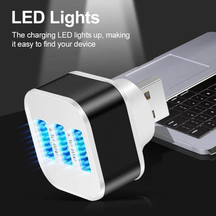 Compact 3-Port USB 2.0 Hub for Laptop Device Expansion with LED indicator showing three blue-lit USB ports