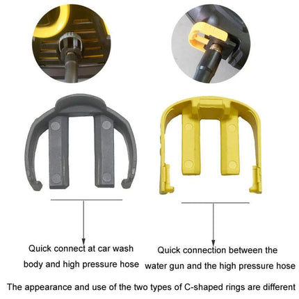Karcher Compatible O-Ring Seal Replacement Kit for Pressure Washers, 16 Pack - closeup of yellow and black quick-connect C-shaped rings and hose fittings