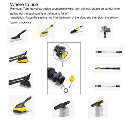 Karcher Compatible O-Ring Seal Replacement Kit for Pressure Washers, 16 Pack showing installation diagram and compatible Karcher accessories