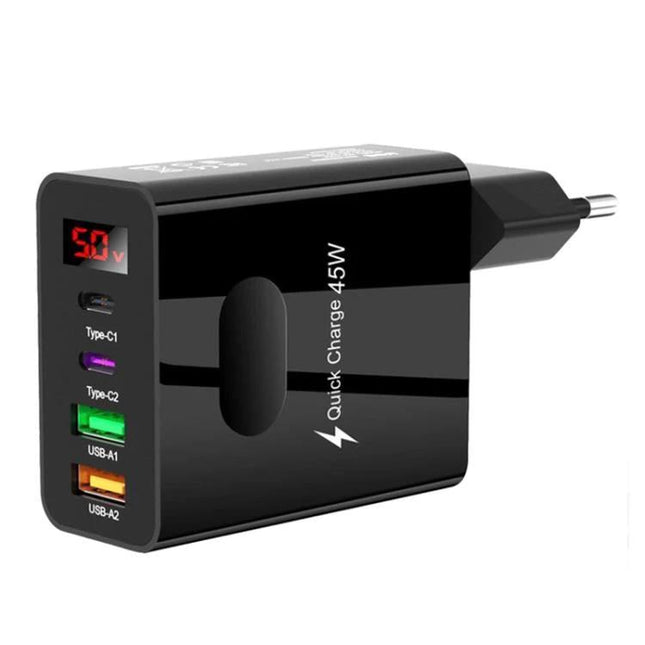 Multi-Port Charger for Daily Device Powering at Home — black 45W quick charge wall adapter with Type-C and USB ports, LED voltage display