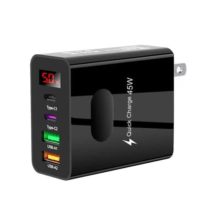 Multi-Port Charger for Daily Device Powering at Home - black 45W wall charger with two USB-A and two USB-C ports, digital voltage display