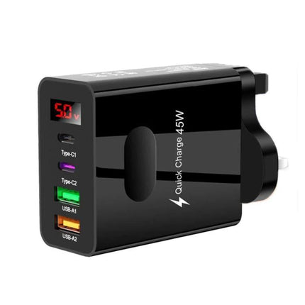 Multi-Port Charger for Daily Device Powering at Home - compact 45W wall adapter with dual USB-C and dual USB-A ports for charging smartphone, tablet, laptop