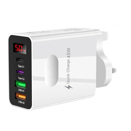 Multi-Port Charger for Daily Device Powering at Home - white 45W wall charger with digital voltage display and two Type-C plus two USB ports